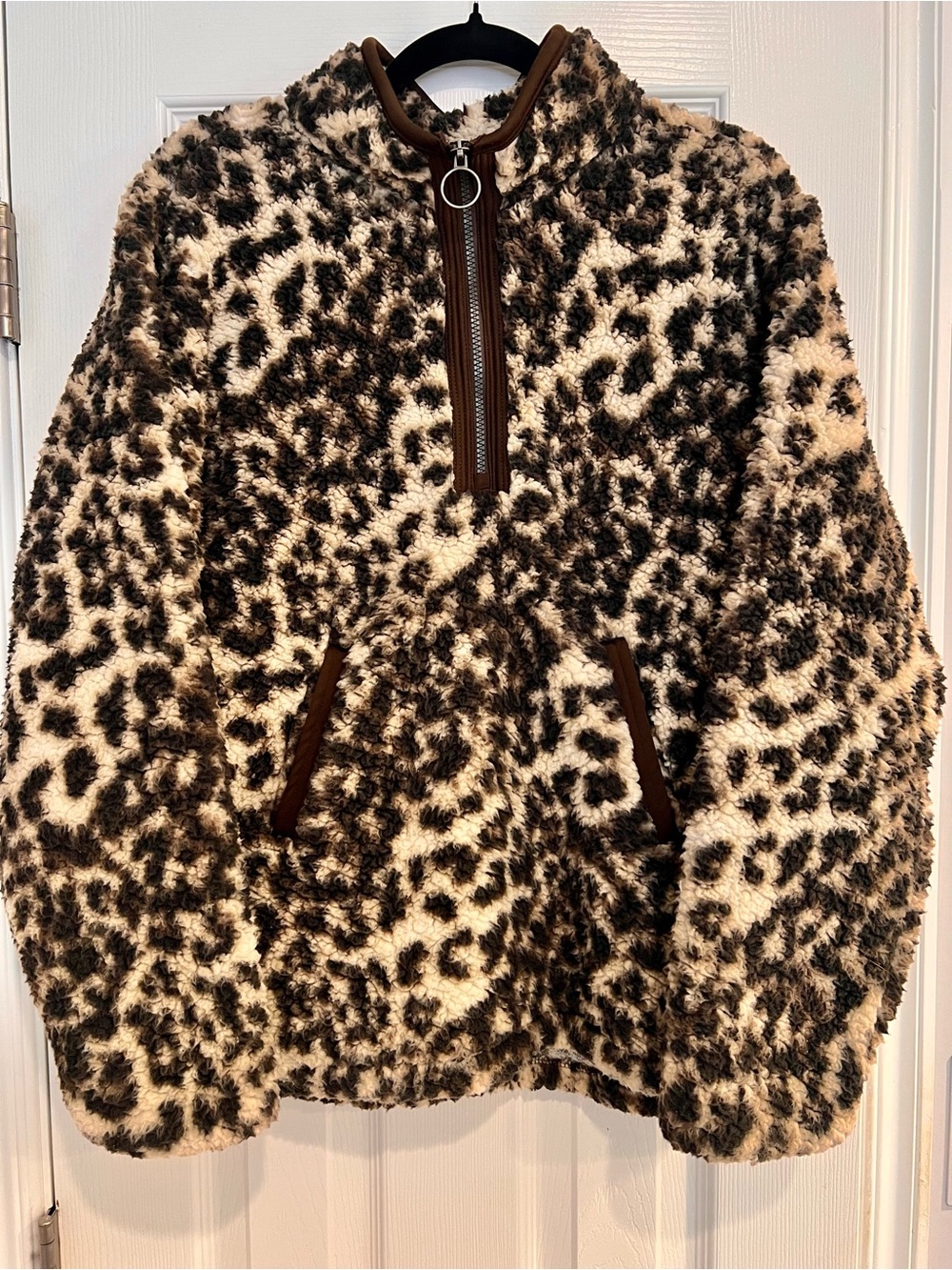 Leopard Sherpa Pullover Quarter Zip Jacket Brown Black Cream Cozy Loungewear L